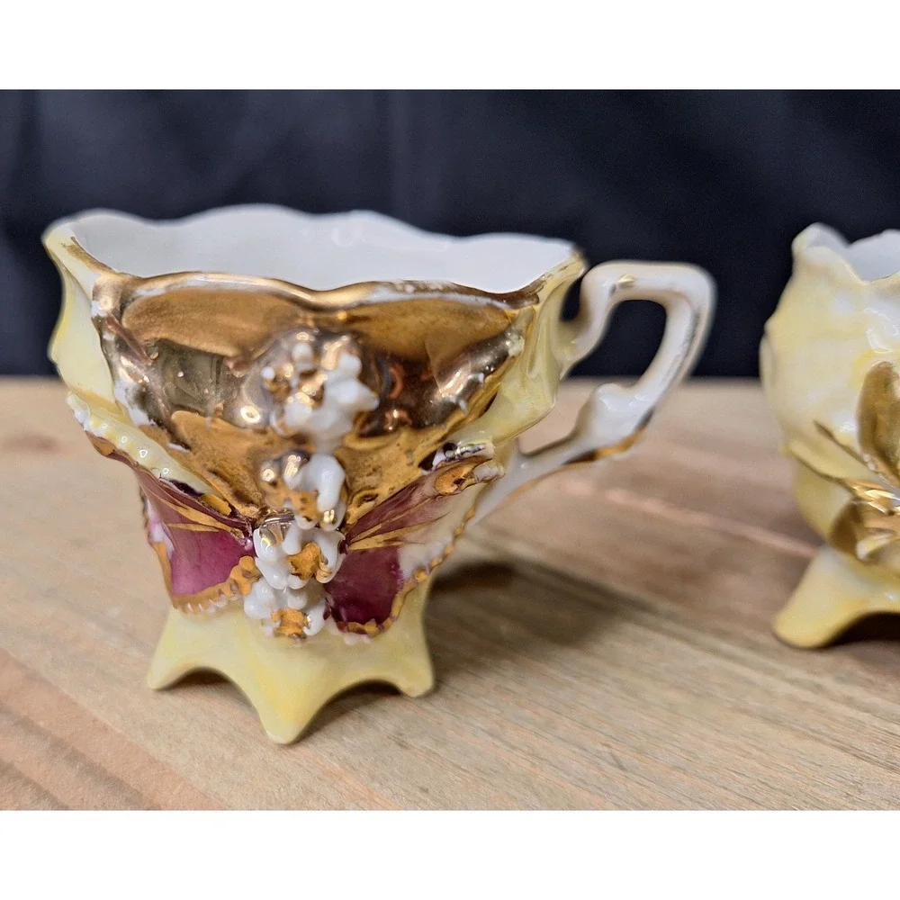 Vintage Footed Lusterware Porcelain Teacups Gold Gilt 3D Floral Applique Set / 2